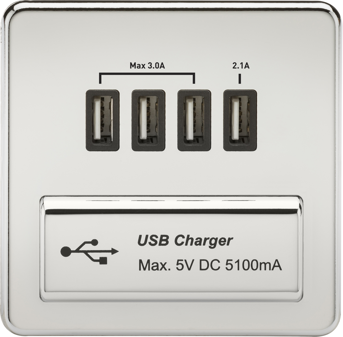 230V Quad USB-A Charger Outlet - Polished Chrome with Black Insert