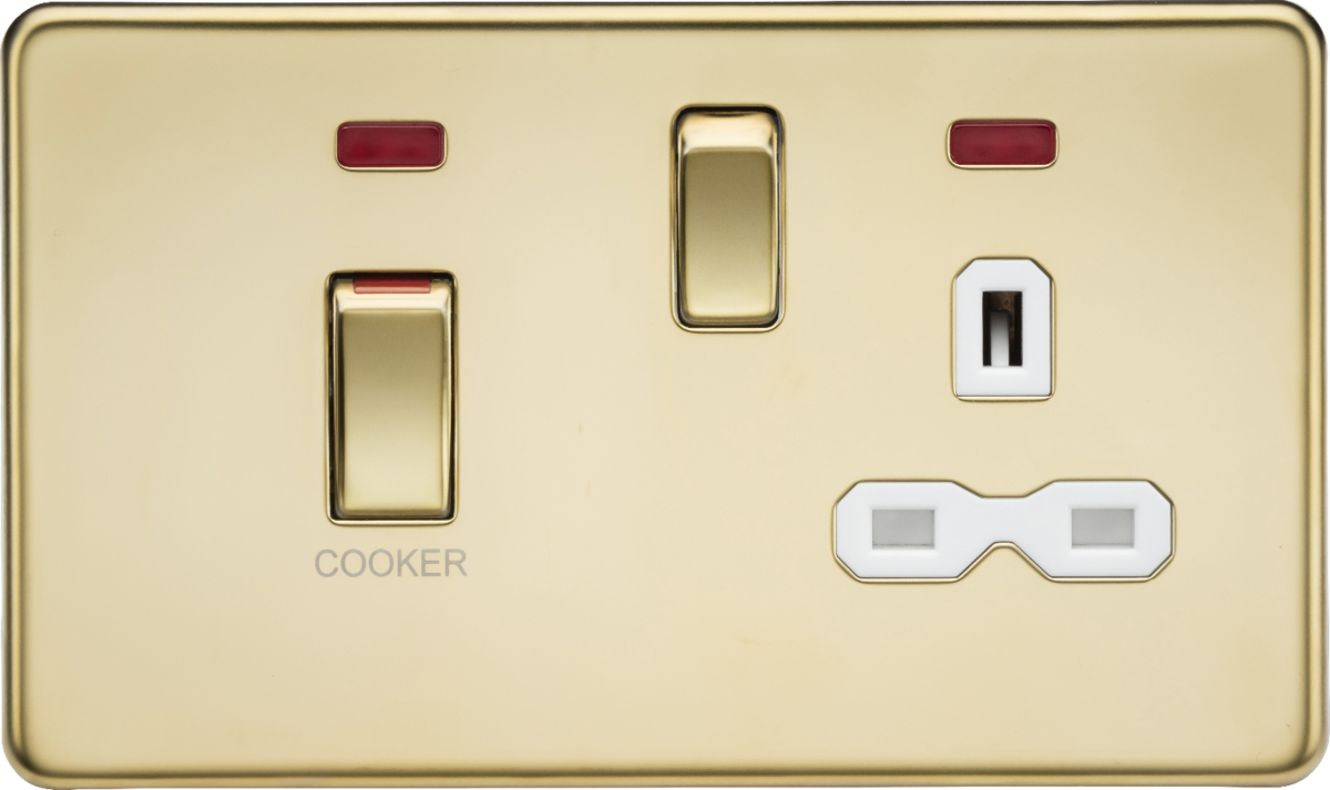 45A DP Switch with 13A Socket & Neons - Polished Brass