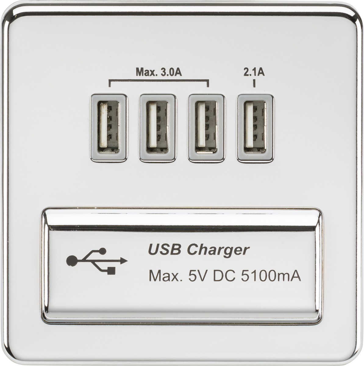 230V Quad USB-A Charger Outlet - Polished Chrome with Grey Insert