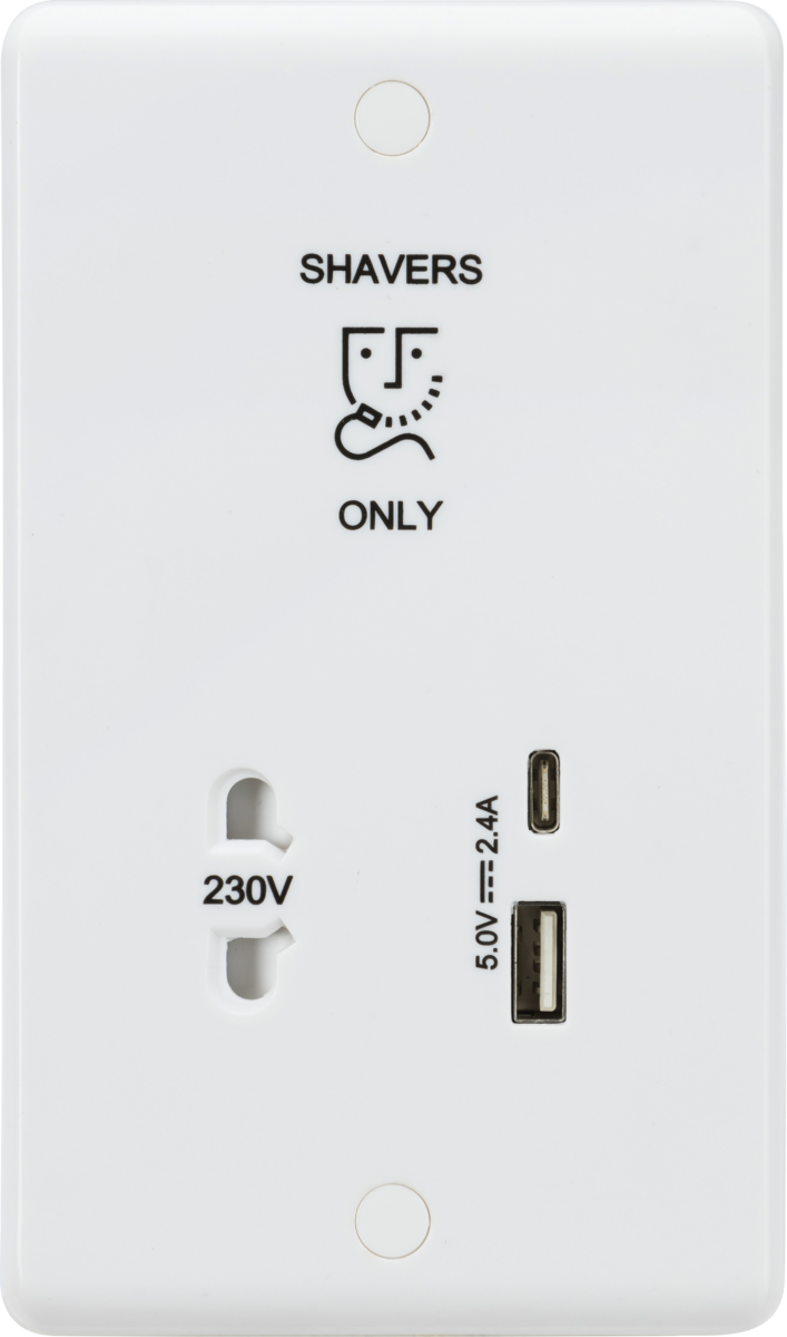 230V Shaver Socket with Dual USB A+C - White