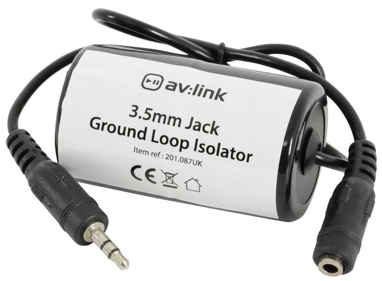 AV:Link: 201.087UK, Ground Loop Isolator, 3.5mm Jack Input/Output, Eliminates Hum, 0.13kg, 600mm Cable