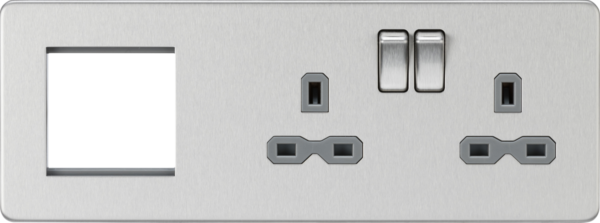 13A 2G DP Socket + 2G Modular Combination Plate - Brushed Chrome with Grey Insert