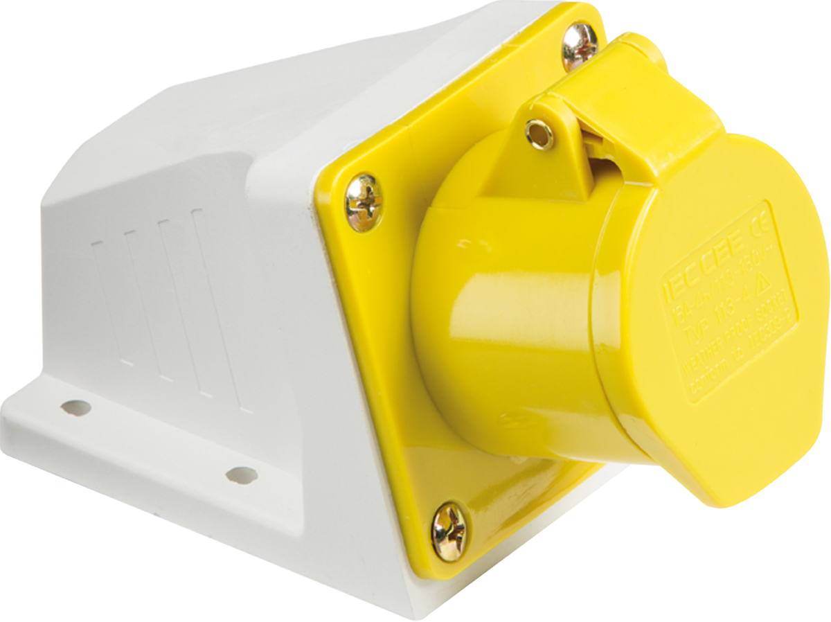 110V IP44 16A Angled Surface Mount Socket 2P+E - Yellow & White