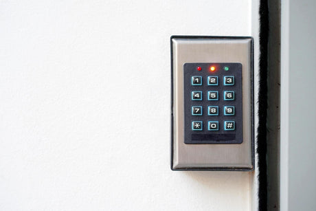Closeup pushbutton lock of entrance doors