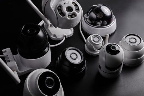 Surveillance cameras set of different videcam cctv cameras isolated on black background close up home security system concept