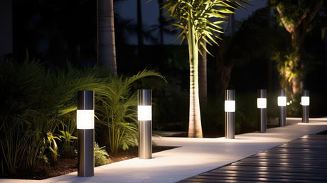 Solar modern outdoor bollard lights up a garden path