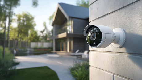 Modern security camera mounted on a gray brick wall with a blurred background of a house and green yard