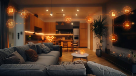 A living room with a couch and a light hanging from the ceiling