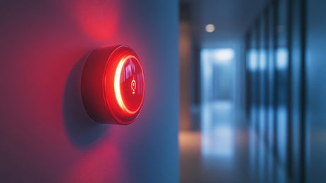 A modern thermostat with a glowing red indicator on a wall in a sleek hallway
