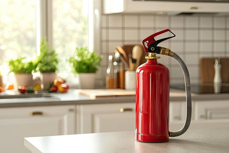 A Red Extinguisher in a Bright Kitchen Setting