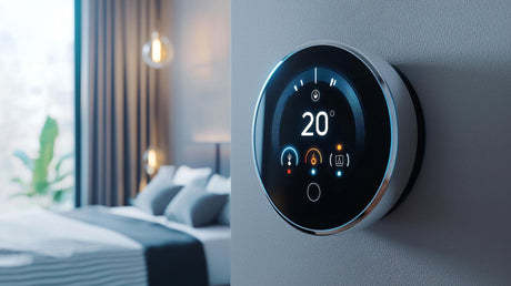 Modern thermostat hanging on rooms wall