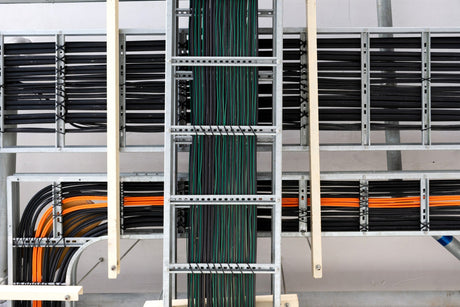 Electric power cables and instrument cables on the tray in electrical control room.