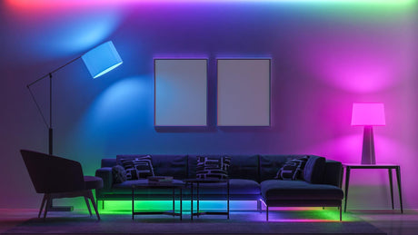 A living room with a colorful led light that is lit up with a purple background.