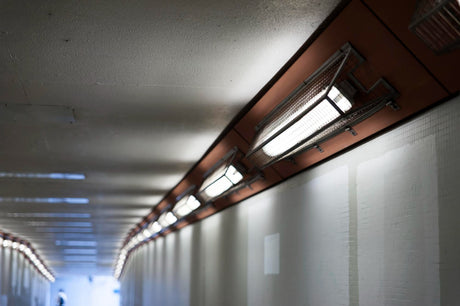 row of emergency bulkhead lights in a commercial corridor 