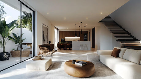 A living room with a couch and a table with a book on it