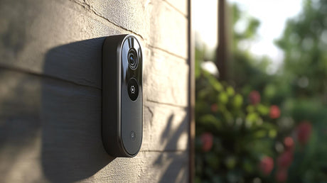 A detailed image of a smart doorbell camera capturing a visitor integrated into a homes