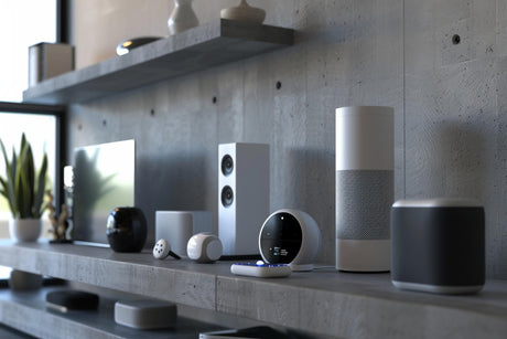A collection of speakers and speakers are on a shelf