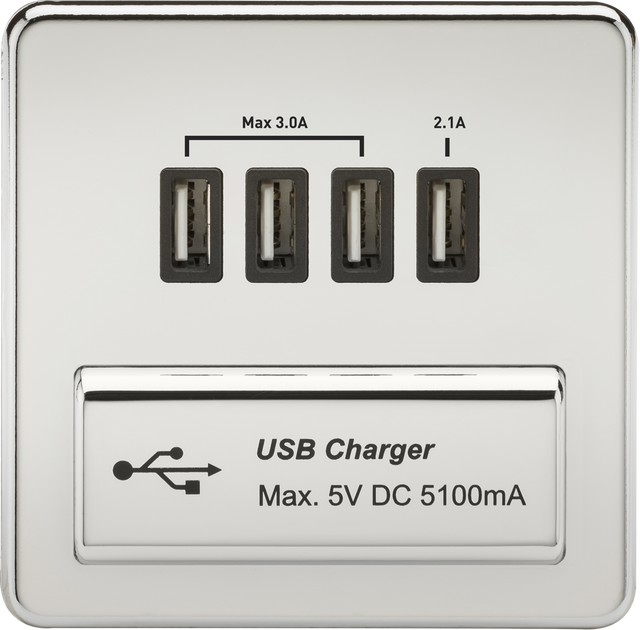230V Quad USB-A Charger Outlet - Polished Chrome with Black Insert