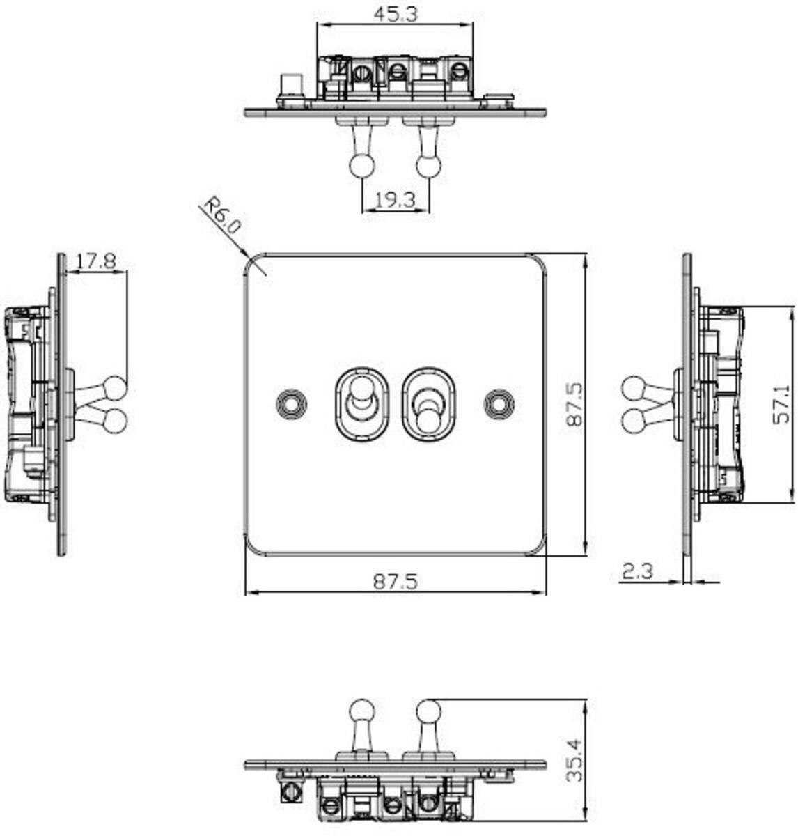 10AX 2G 2-way Toggle Switch - Brushed Chrome, side view