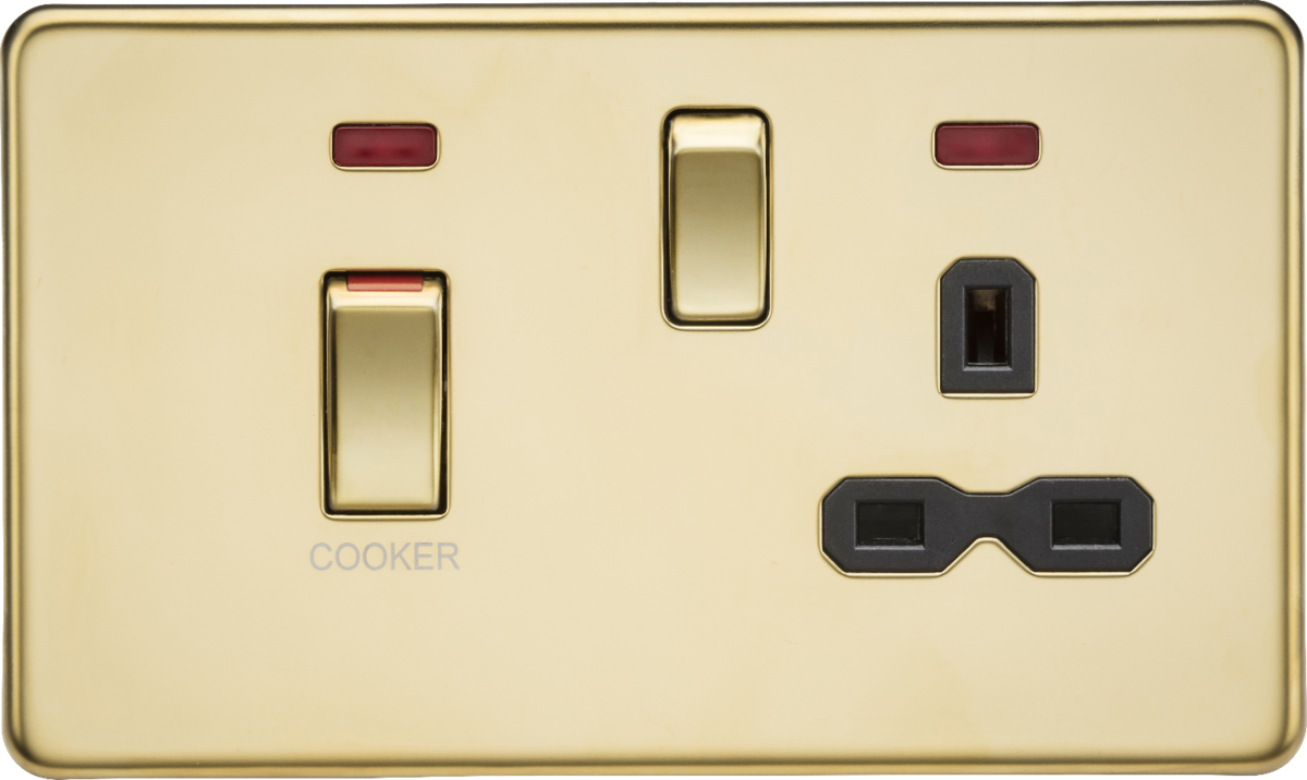 45A DP Switch & 13A Socket - Polished Brass with Black Insert