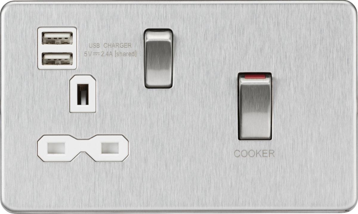 45A DP Switch & 13A Socket with USB Charger - Brushed Chrome Finish