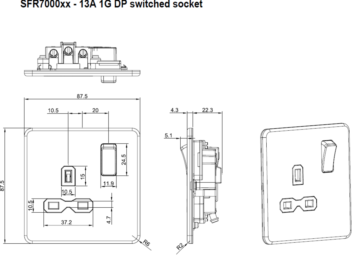 13A 1G DP Switched Socket - Angled View - Polished Chrome
