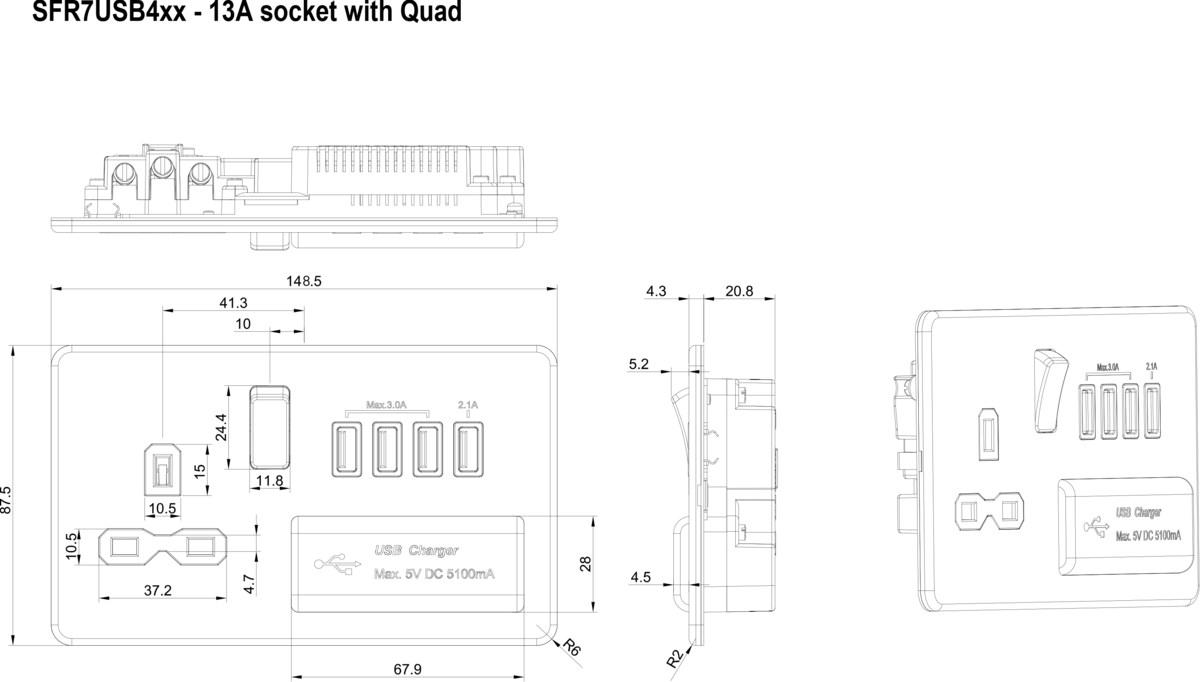 Alternate view of 13A Switched Socket with Quad USB-A Polished Brass