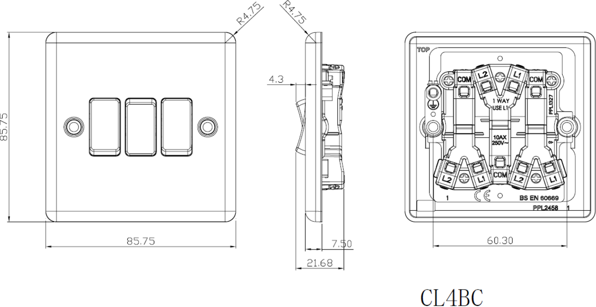 10AX 3G 2-way Switch - Brushed Chrome, Additional View