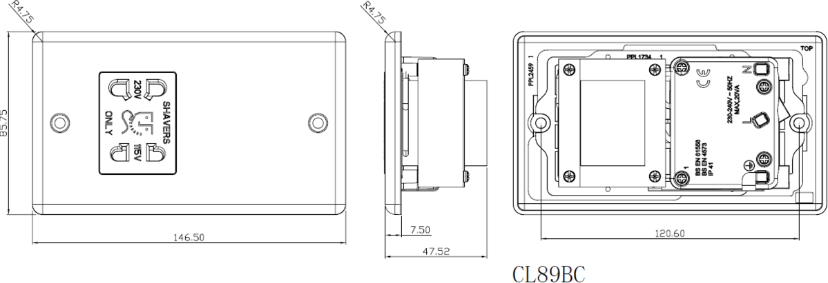 Brushed Chrome Shaver Socket Rounded Edge Design