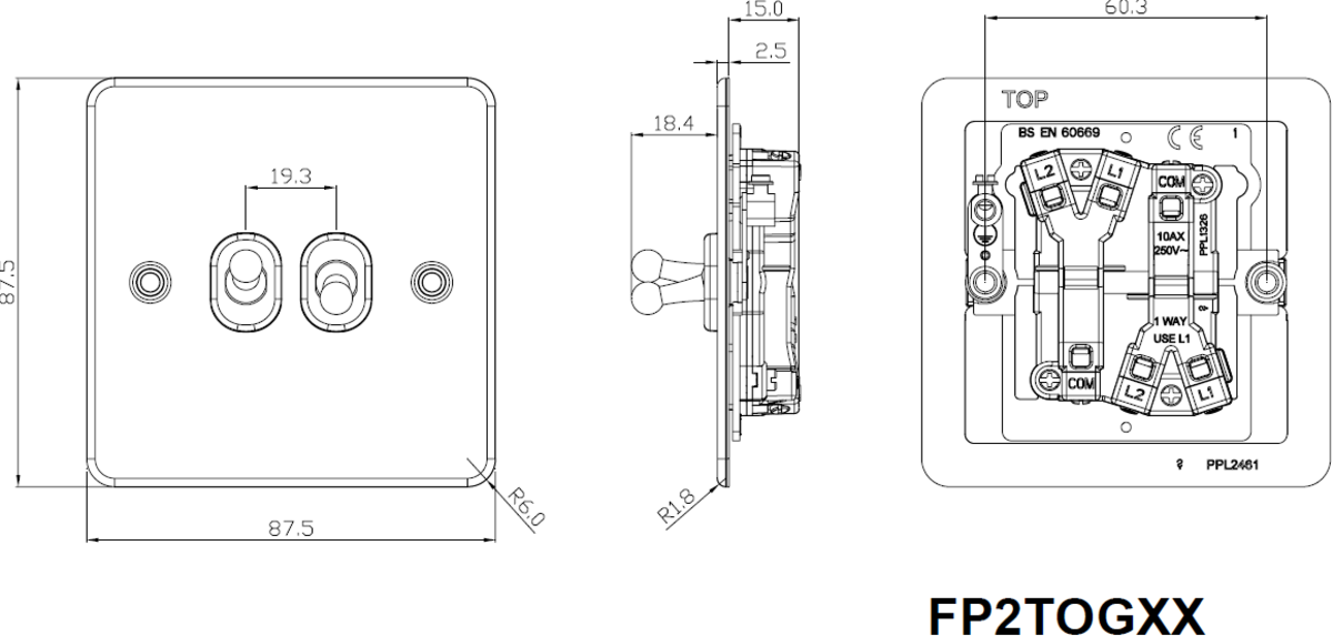 10AX 2G 2-way Toggle Switch - Brushed Chrome