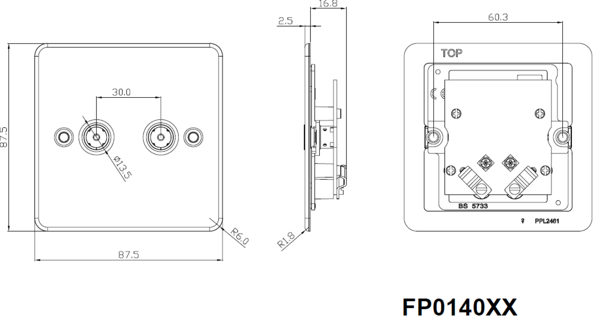 Gunmetal Flat Plate Isolated TV and SAT Outlet - Alternative View