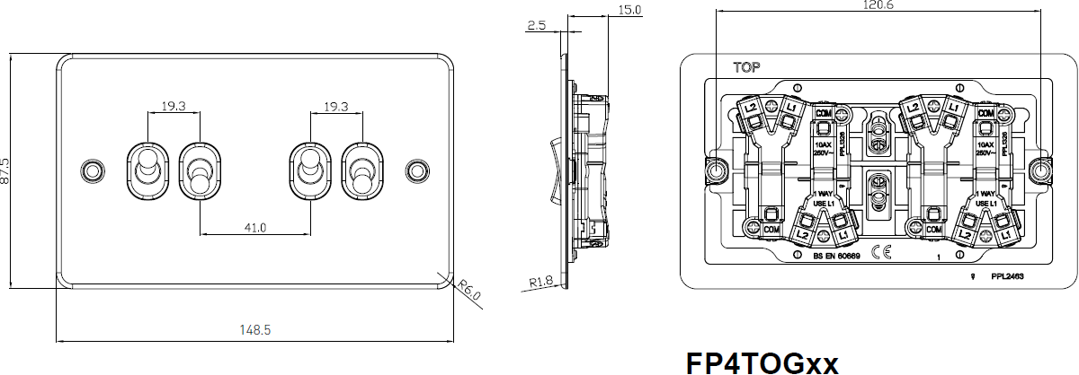 10AX 4G 2-way Toggle Switch - Brushed Brass Side View