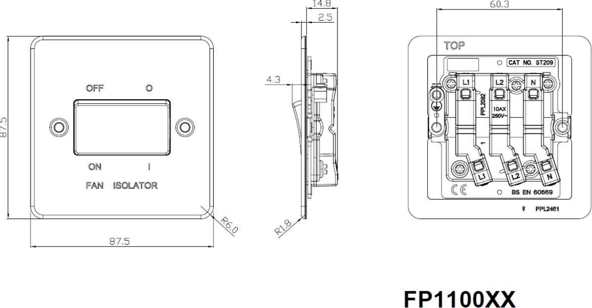 Pearl 10A Triple Pole Fan Isolator Switch flat plate design