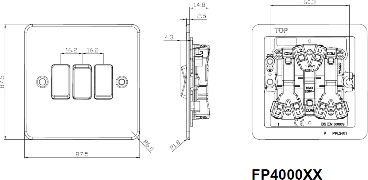 Flat Plate 10AX 3G 2-Way Switch Gunmetal Side View