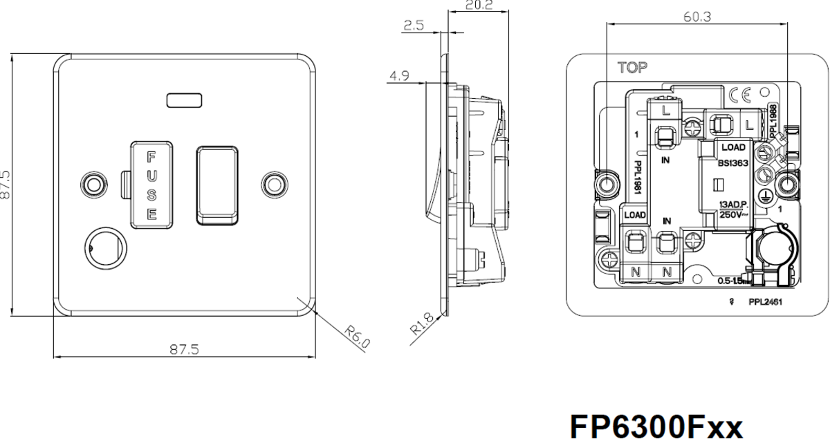 Side view of Flat Plate 13A Switched Fused Spur Unit with Neon Indicator - Pearl