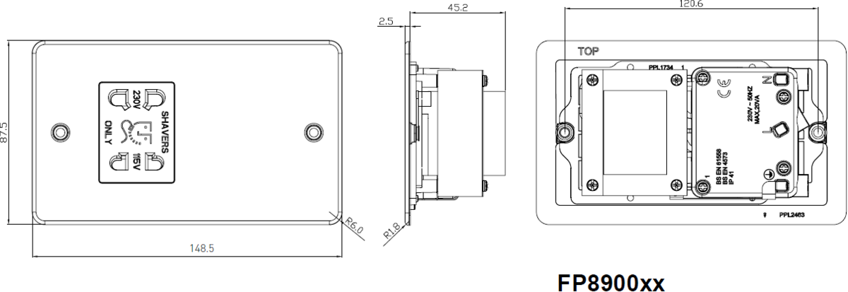 Alternative view of Brushed Chrome Dual Voltage Shaver Socket with White Insert