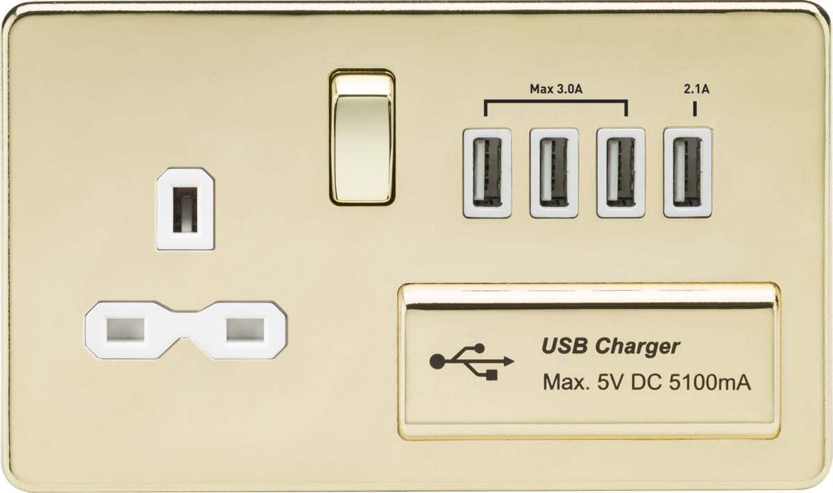 13A Switched Socket with Quad USB-A in Polished Brass with White Insert