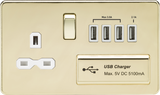 13A Switched Socket with Quad USB-A in Polished Brass with White Insert