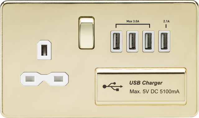 13A Switched Socket with Quad USB-A in Polished Brass with White Insert