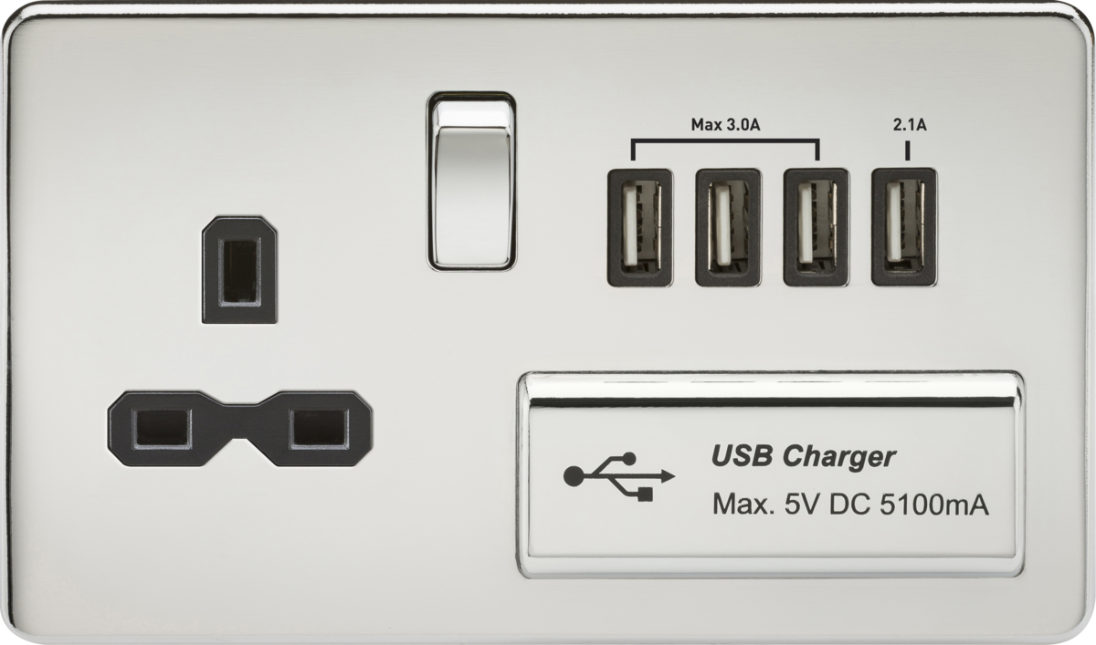 13A Switched Socket with Quad USB-A - Polished Chrome with Black Insert