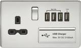 13A Switched Socket with Quad USB-A - Polished Chrome with Black Insert