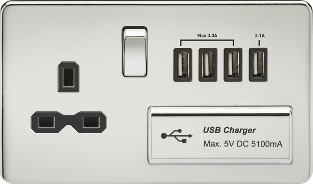 13A Switched Socket with Quad USB-A - Polished Chrome with Black Insert