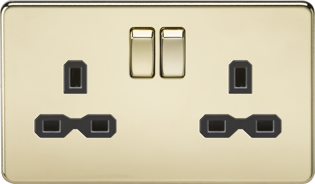 13A 2G DP Switched Socket - Polished Brass with Black Insert