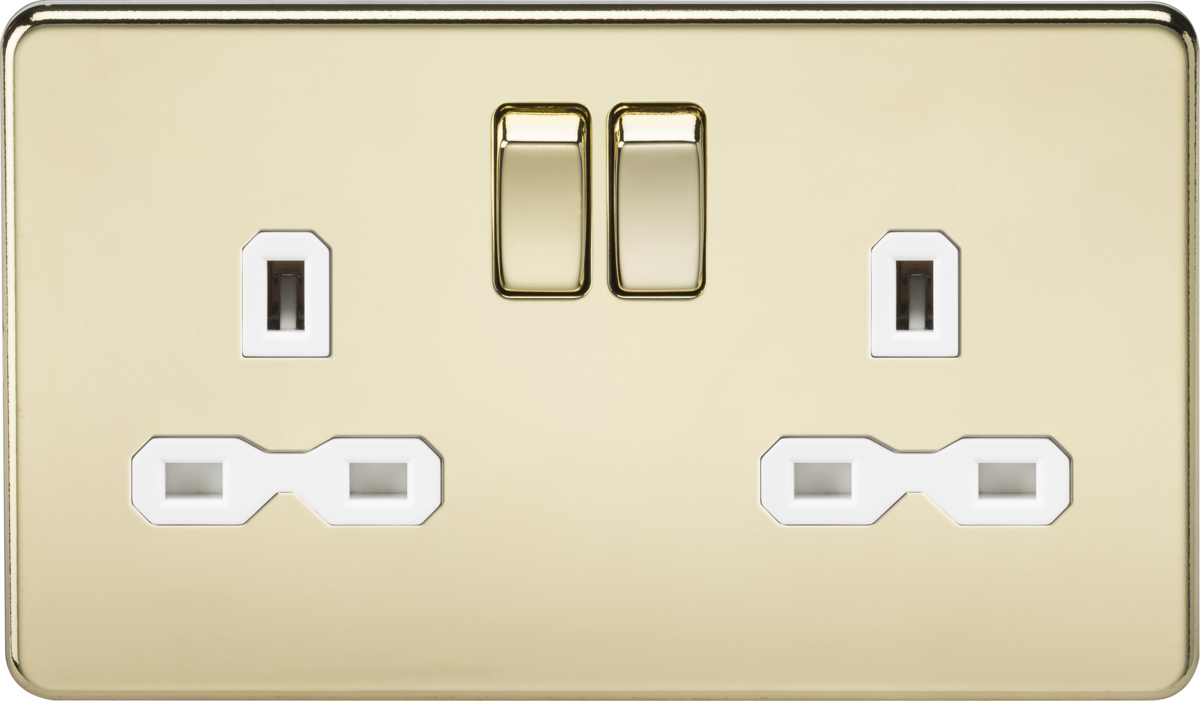 Polished Brass 2G DP Switched Socket with White Insert
