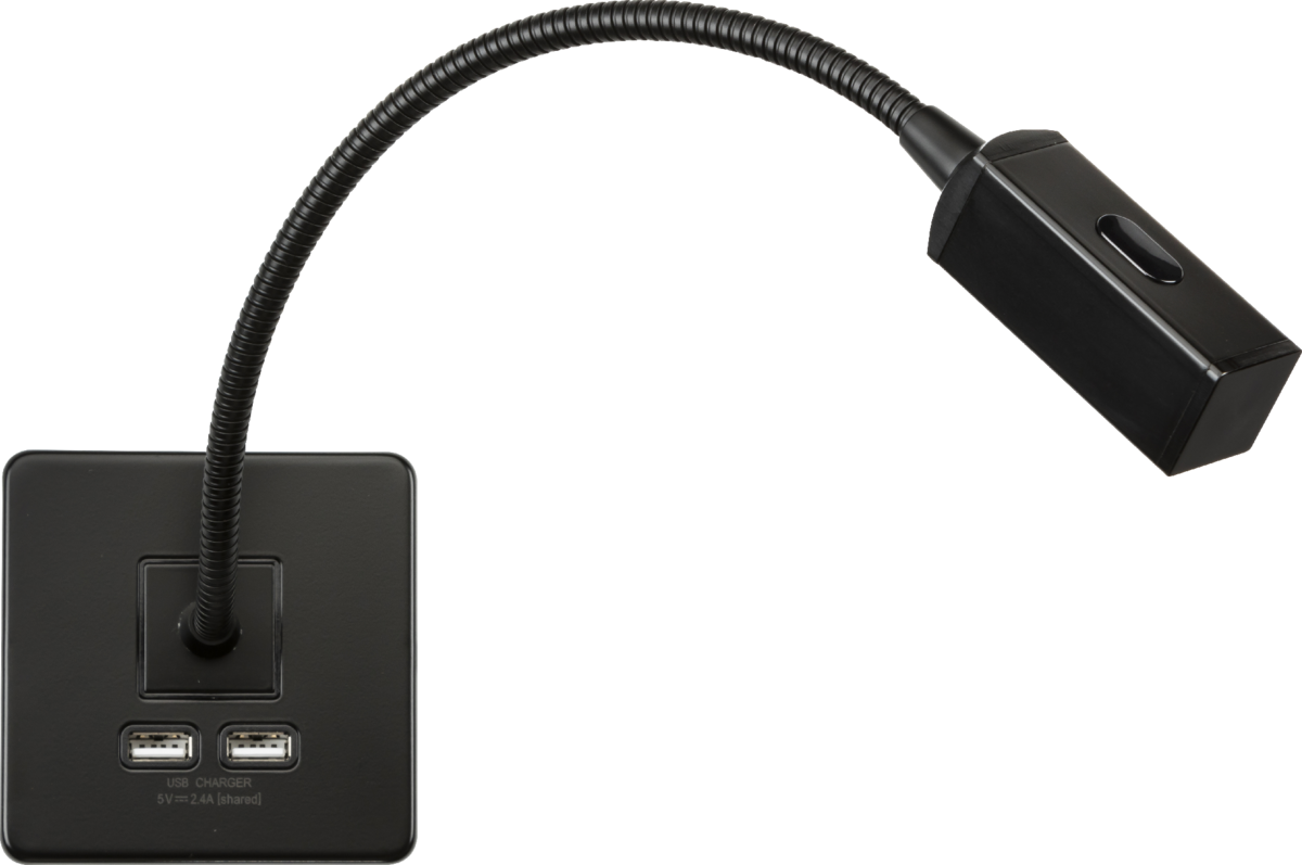 230V LED Dimmable Reading Light with Dual USB A+A - Matt Black