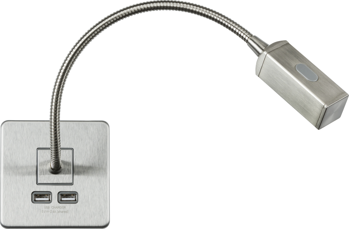 230V LED Dimmable Reading Light with Dual USB A+A - Brushed Chrome