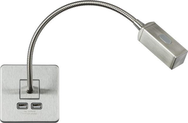 230V LED Dimmable Reading Light with Dual USB A+A - Brushed Chrome
