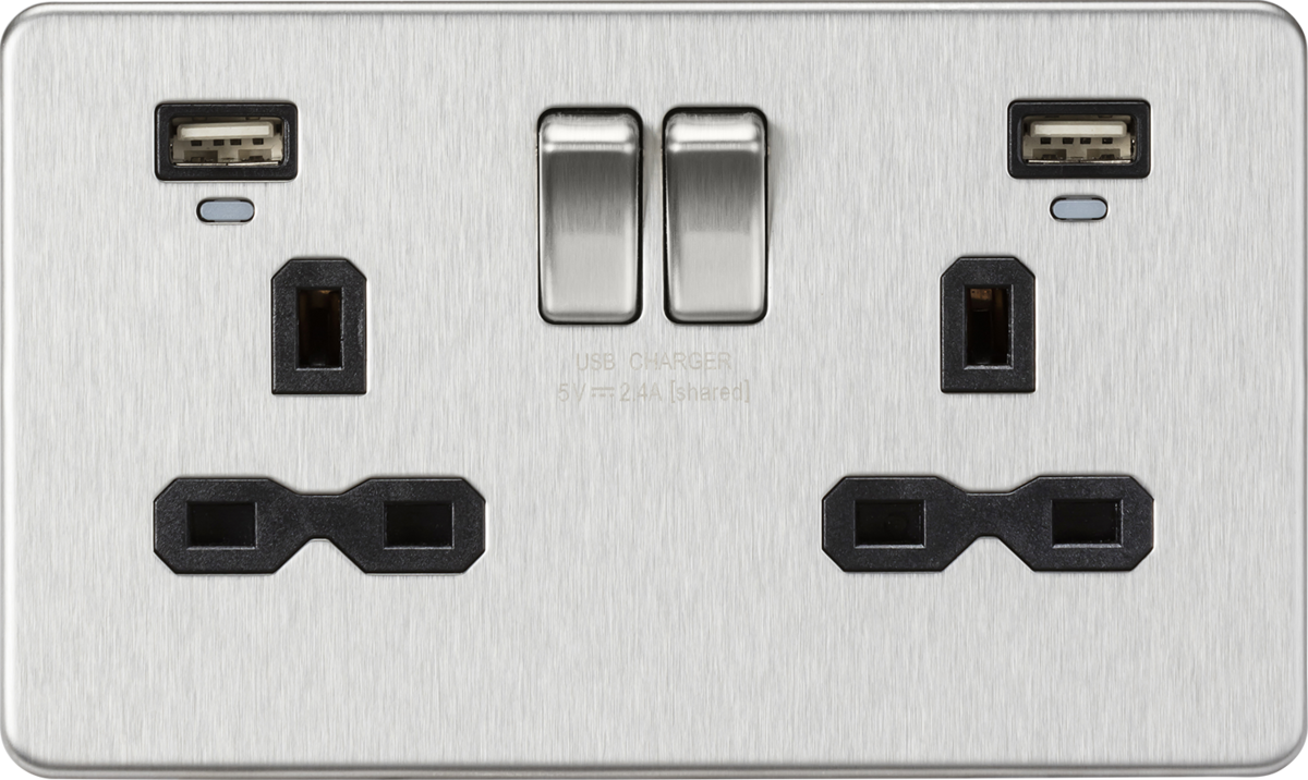 13A 2G Switched Socket with Dual USB and LED Indicators - Brushed Chrome