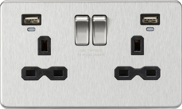 13A 2G Switched Socket with Dual USB and LED Indicators - Brushed Chrome