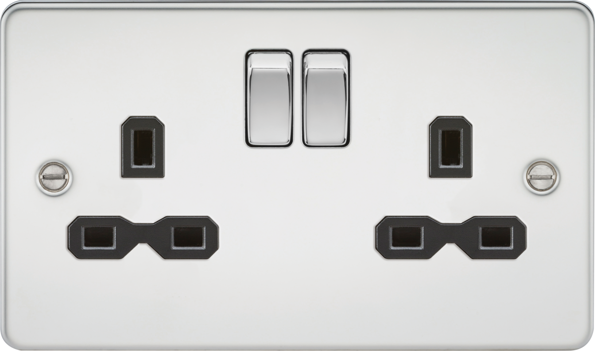 13A 2G DP Switched Socket with Twin Earths - Polished Chrome with Black Insert